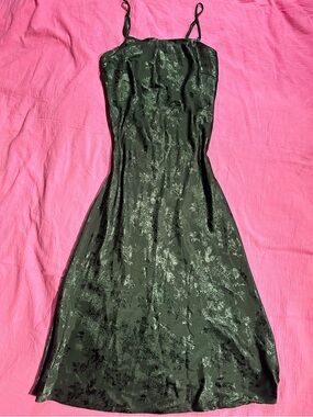 ‘Lucy Paris’ Forest Green Satin Maxi Slip Dress with Floral Pattern